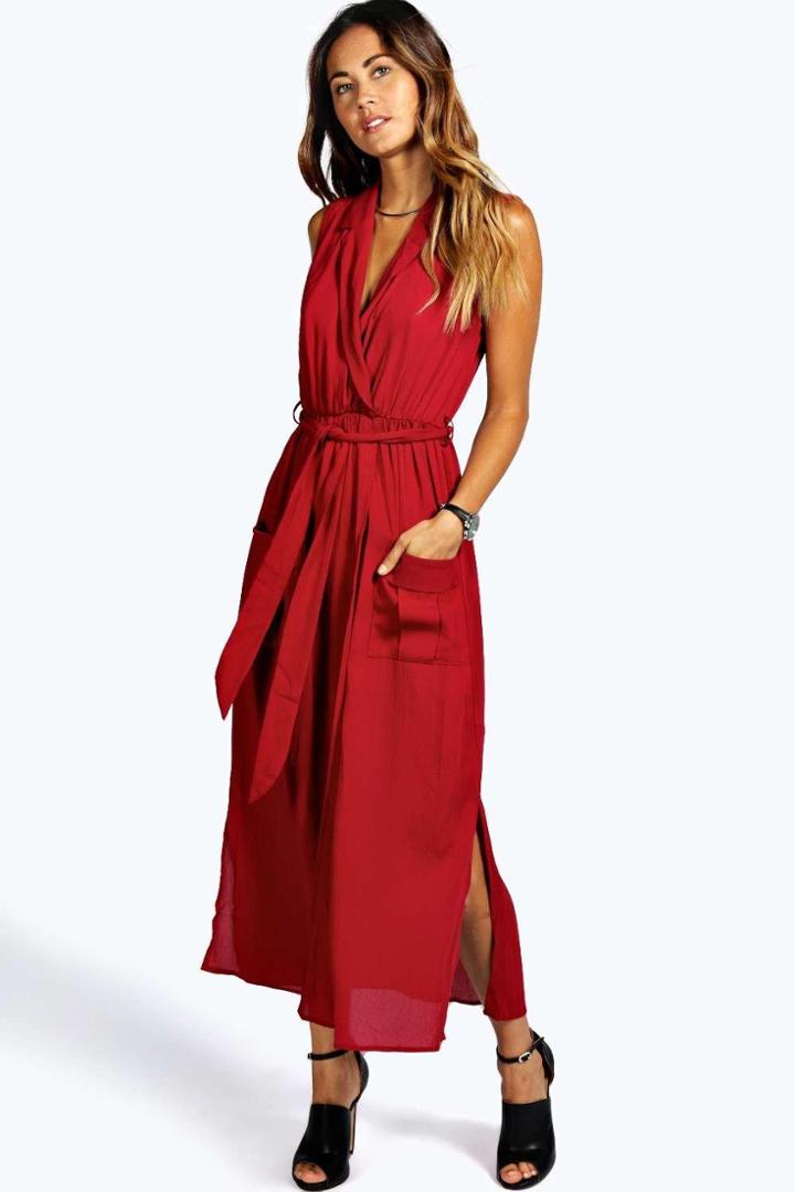 Boohoo Paige Sleeveless Belted Midi Shirt Dress Wine