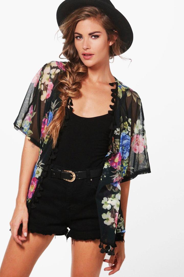 Boohoo Joanna Tropical Tassel Print Kimono Black