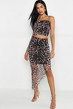Boohoo Tall Leopard Print Mesh Spot Ruched Skirt Co-ord