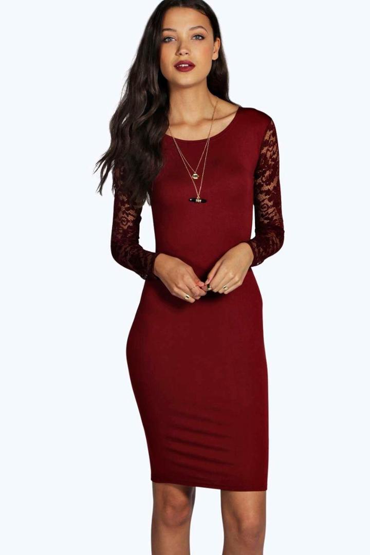 Boohoo Tall Susie Lace Sleeve Mini Bodycon Dress Wine