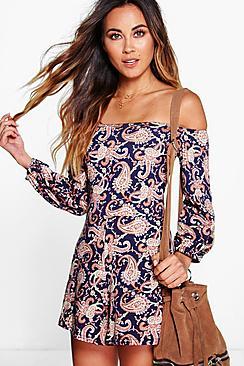 Boohoo Helena Off The Shoulder Paisley Print Playsuit