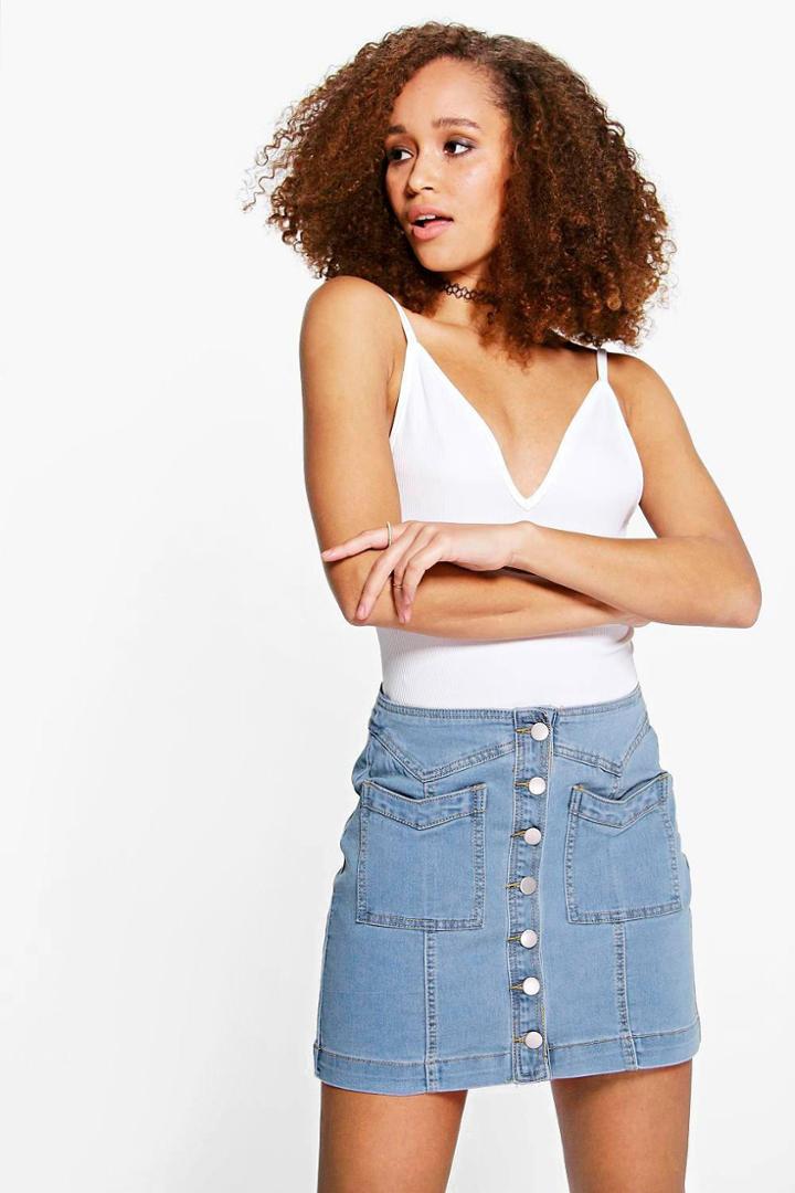 Boohoo Julie Double Pocket Button Through Denim Skirt Blue