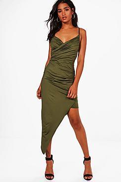 Boohoo Bai Wrap Asymmetric Bodycon Midi Dress