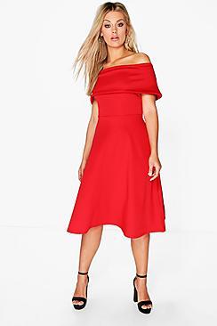 Boohoo Plus Anna Off The Shoulder Midi Skater Dress