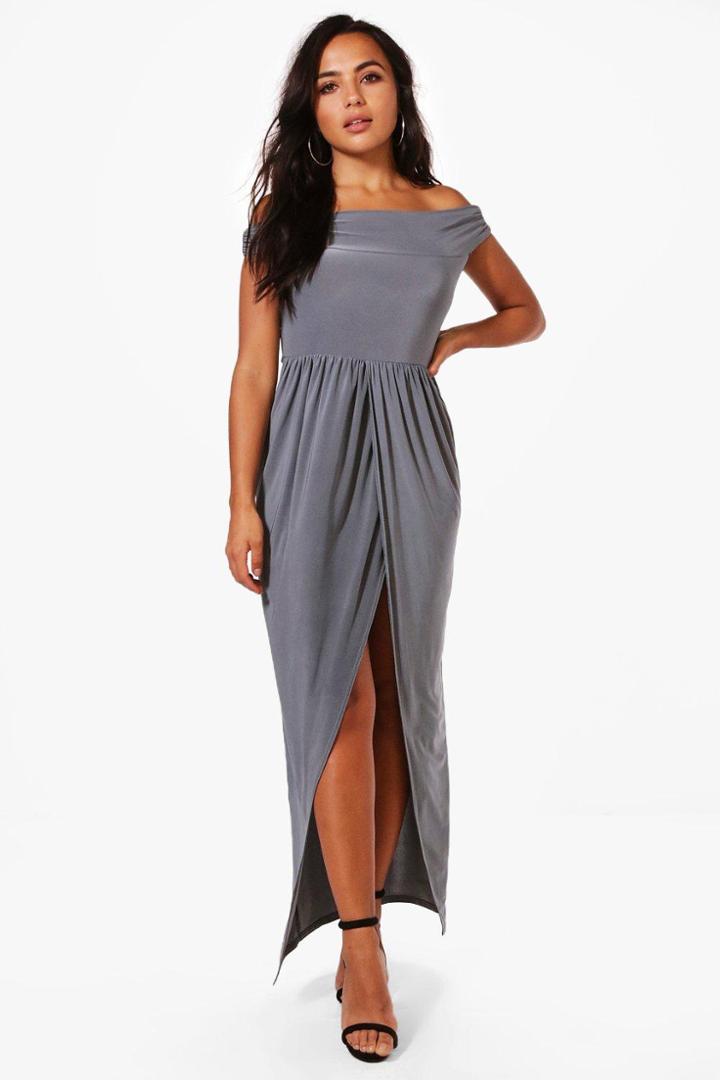 Boohoo Petite Elena Bardot Wrap Maxi Dress Smoke