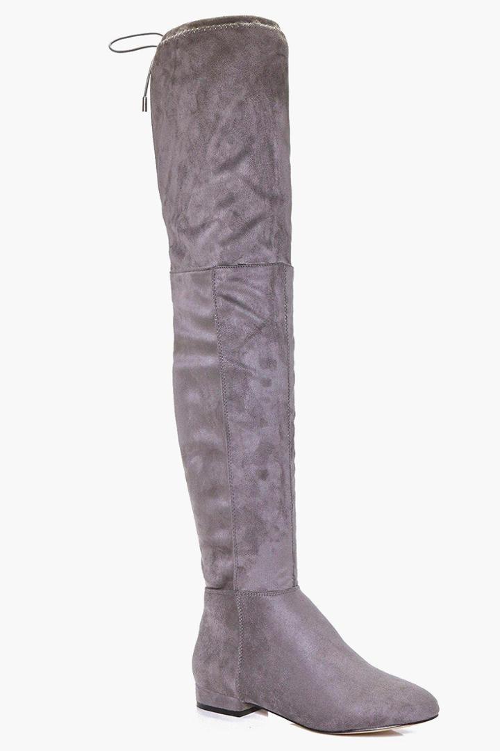 Boohoo Orla Flat Tie Back Over The Knee Boot Grey