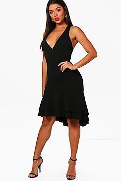 Boohoo Plunge Neck Frill Hem Midi Dress