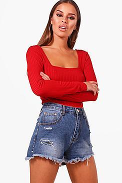 Boohoo Petite Square Neck Rib Long Sleeve Top