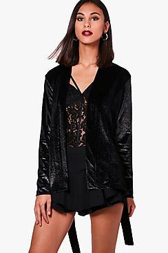Boohoo Bella Metallic Velvet Belted Blazer