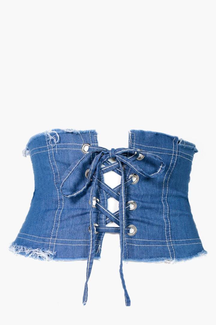 Boohoo Daisy Eyelet Denim Corset Belt Indigo