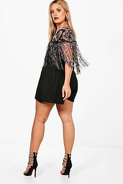 Boohoo Plus Jess Cape Sequin Tassel Playsuit