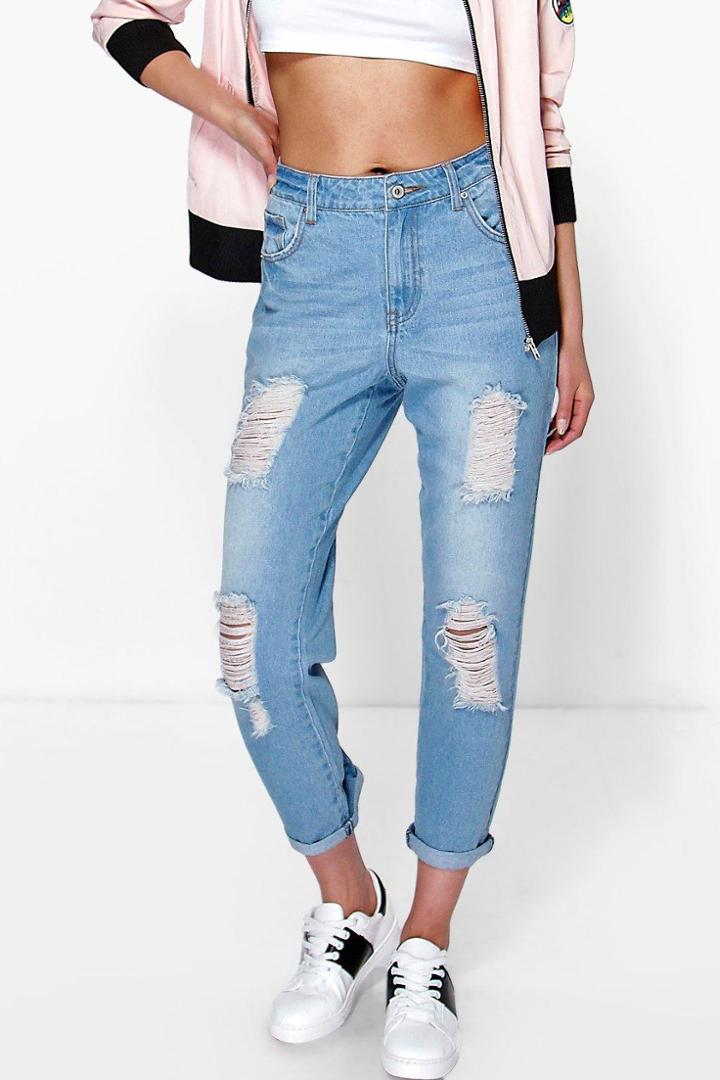 Boohoo Jane Raw Hem Boyfriend Denim Jeans Blue