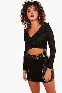 Boohoo Nora Ruffle Rib Tie Waist Crop Top
