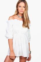 Boohoo Mya Off The Shoulder Button Front Cotton Playsuit White