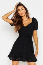 Boohoo Broderie Anglais Puff Sleeve Ruffle Skater Dress