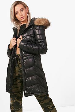 Boohoo Jennifer Fitted Padded Jacket With Faux Fur Hood