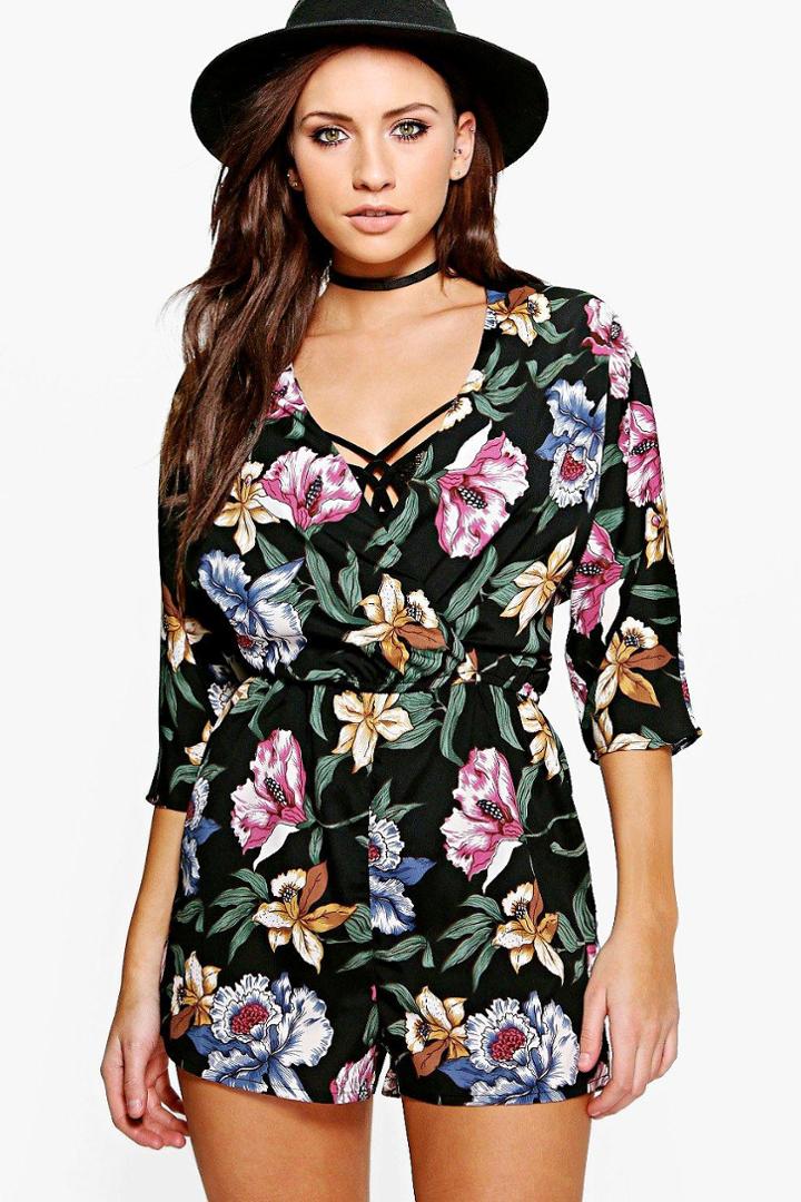 Boohoo Lorrain Kimono Sleeve Playsuit Multi