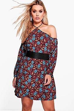 Boohoo Plus Anya Open Shoulder Floral Shift Dress