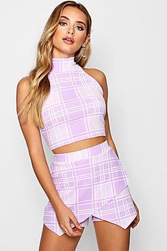 Boohoo Natalie Funnel Neck Check Short Co-ord Set