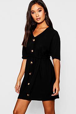 Boohoo Horn Button Tie Waist Shift Dress
