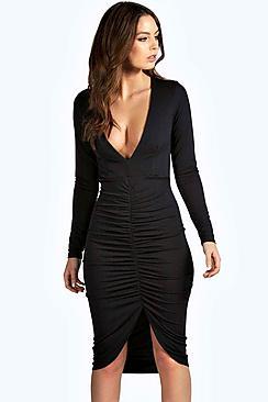 Boohoo Xanthe Plunge Front Rouched Midi Dress