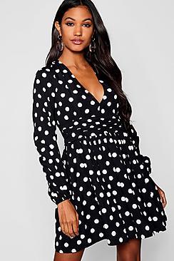 Boohoo Polka Dot Rouched Waist Tea Dress