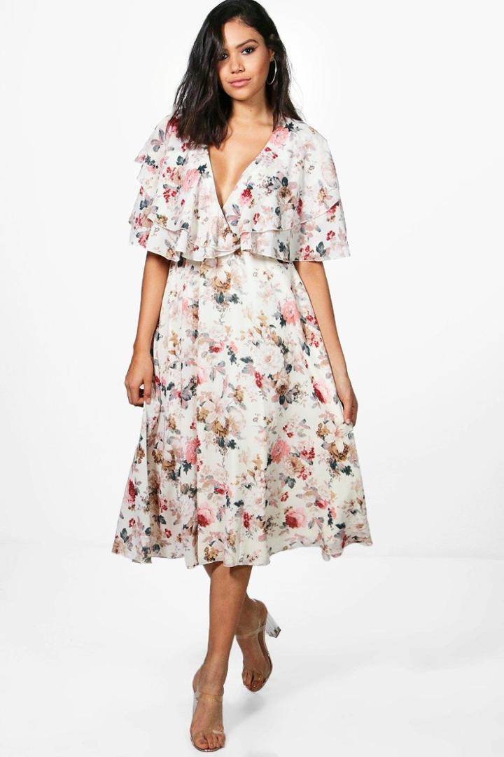 Boohoo Emrata Floral Chiffon Midi Skater Dress Multi