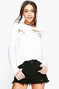 Boohoo Jennifer Long Sleeve Distressed T-shirt