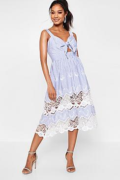 Boohoo Boutique Hana Stripe Lace Insert Skater Dress