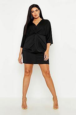 Boohoo Plus Knot Front Slinky Shirt Dress