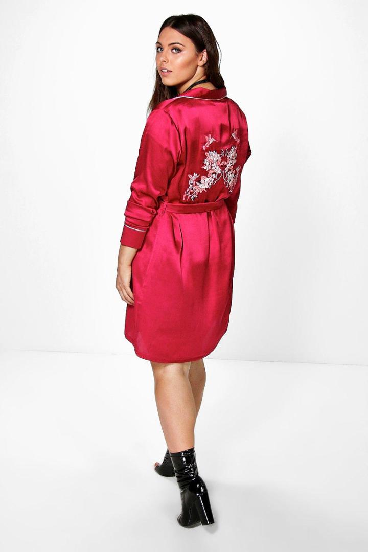 Boohoo Plus Shauna Embroidered Back Shirt Dress Wine