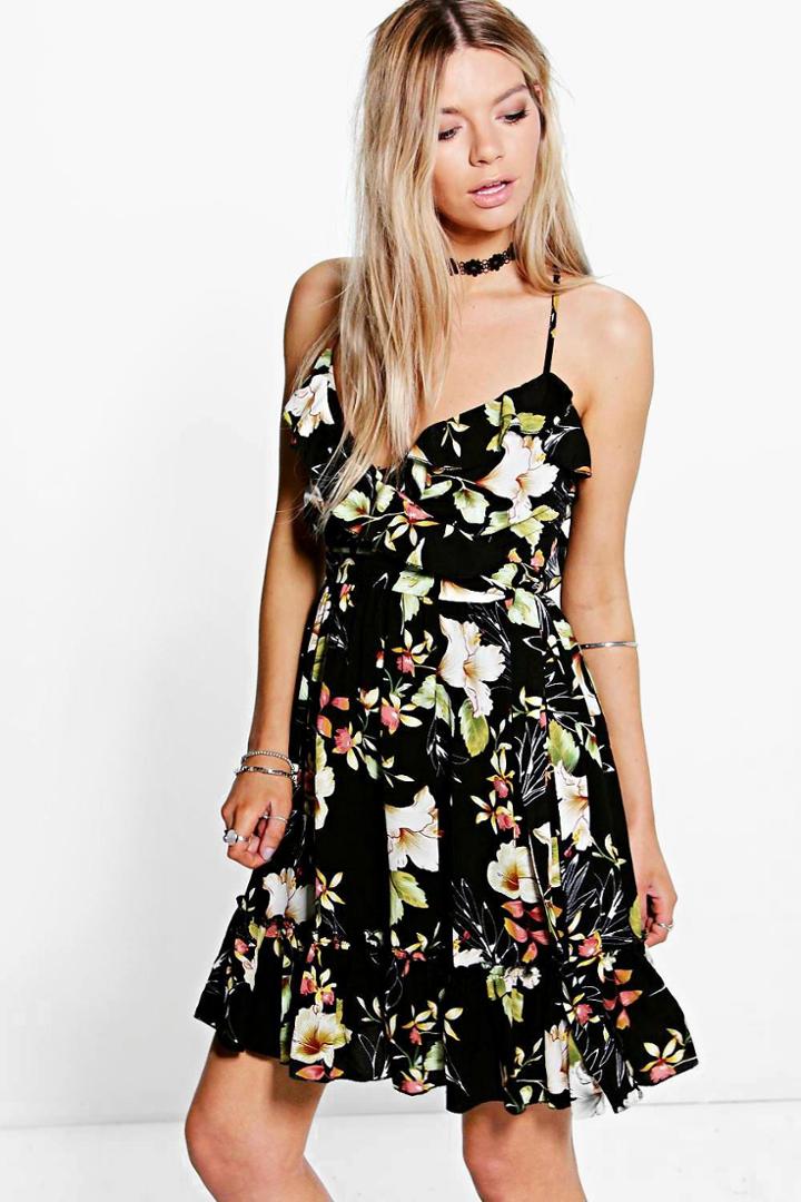 Boohoo Allie Floral Strappy Skater Dress Black