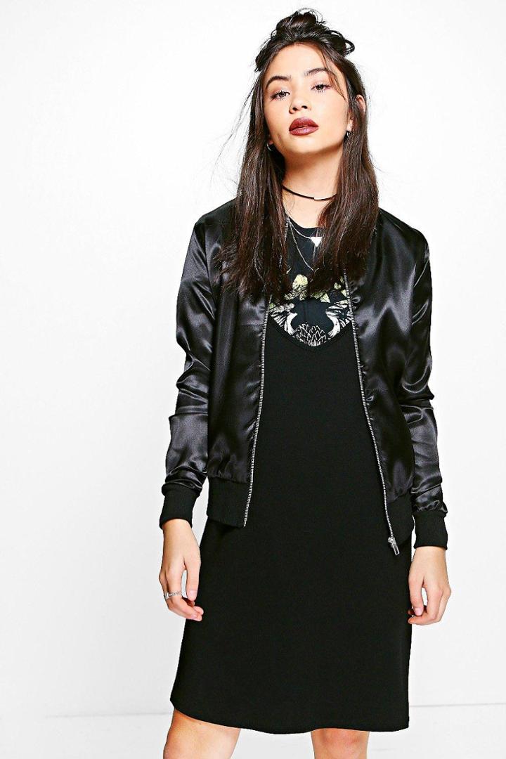 Boohoo Jessica Satin Bomber Jacket Black