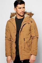 Boohoo Faux Fur Hooded Parka With Borg Lined Hood Tobacco