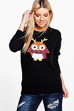 Boohoo Erin Split Hem Robin Applique Christmas Jumper