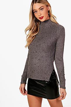 Boohoo Annabelle Stud Detail Grown Neck Jumper