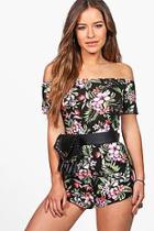 Boohoo Petite Lily Off The Shoulder Tropical Print Playsuit