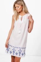 Boohoo Petite Kelly Embroidered Hem Shift Dress Blue