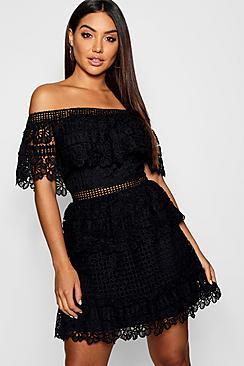 Boohoo Tiered Crochet Off The Shoulder Skater Dress