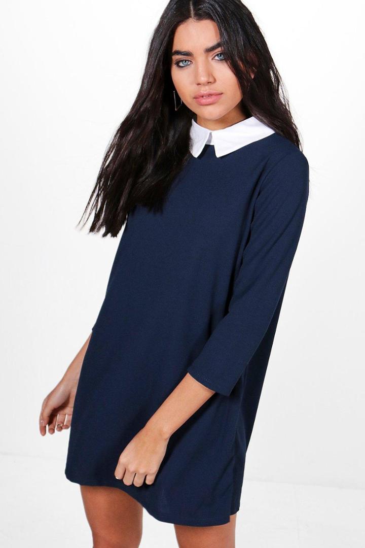 Boohoo Shauna Shirt Collar Dress Navy