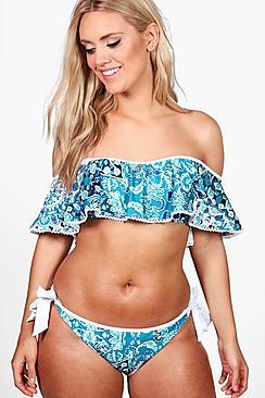 Boohoo Plus Bethany Bardot Frill Tie Pant Bikini