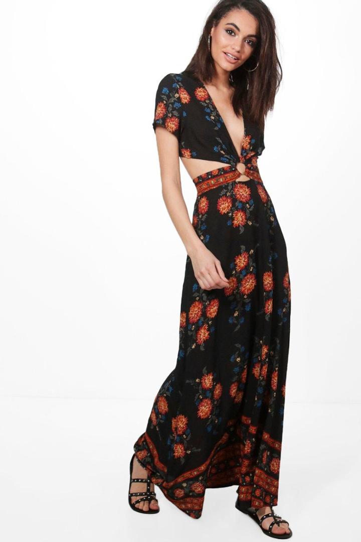 Boohoo Nelly Cut Out Border Print Floral Maxi Dress Black
