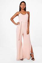 Boohoo Penny Strap Belted Wide Leg Jumpsuit