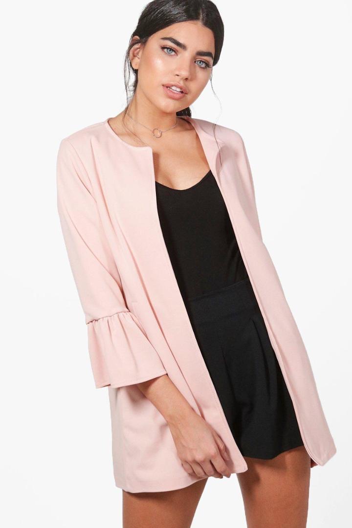 Boohoo Melissa Collarless Ruffle Sleeve Blazer Blush