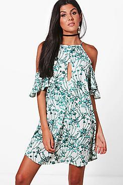 Boohoo Jane Woven Floral Cold Shoulder Skater Dress