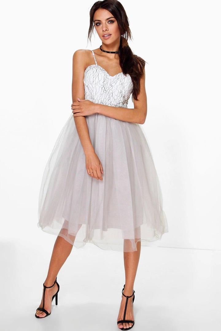 Boohoo Boutique Ana Corded Lace Tulle Prom Dress Grey