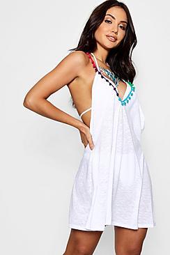 Boohoo Multi Coloured Pom Pom Beach Dress