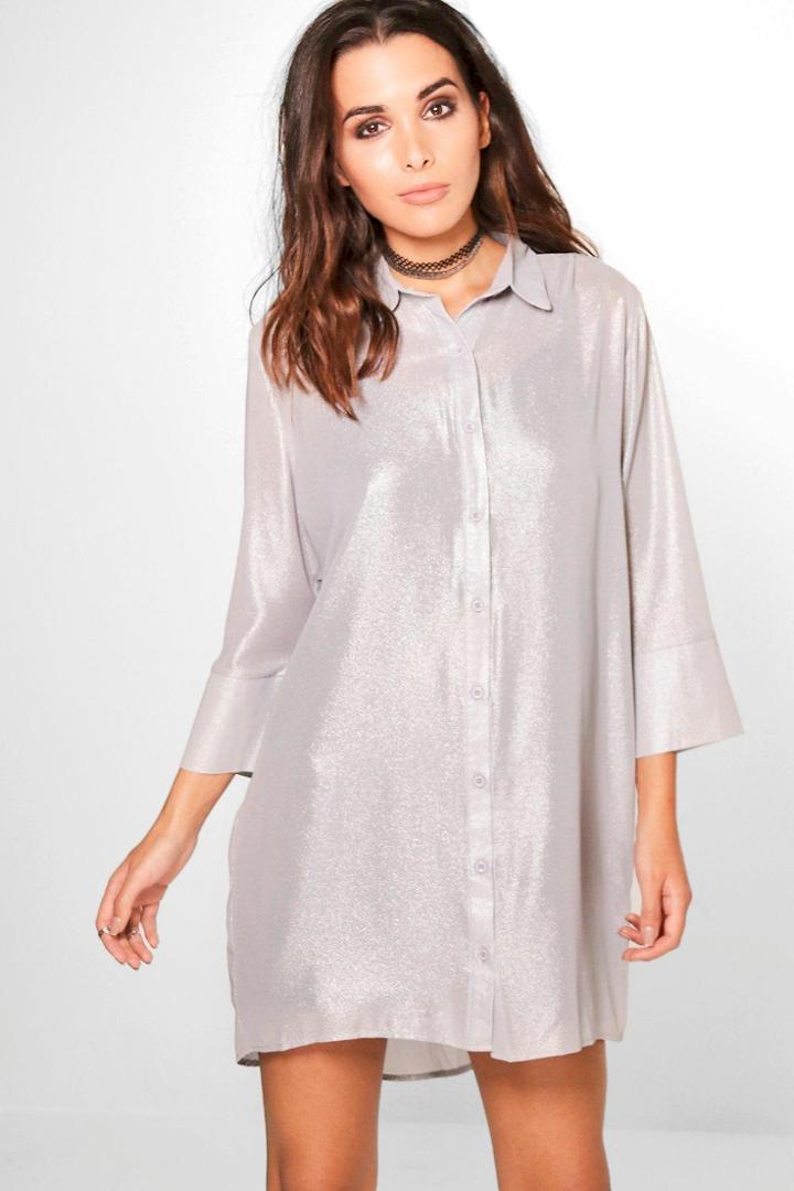Boohoo Amelia Sparkle Glitter Shirt Dress Grey
