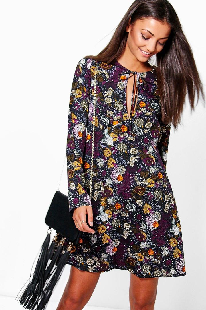 Boohoo Tall Paloma Tie Neck Print Swing Woven Dress Multi