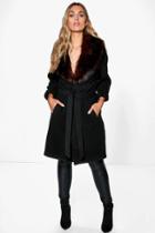 Boohoo Plus Meg Robe Coat With Faux Fur Shawl Collar Black